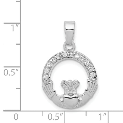 Sterling Silver Rhodium Plated Cz Claddagh Pendant