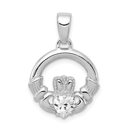 Sterling Silver Rhodium Plated Cz Claddagh Pendant
