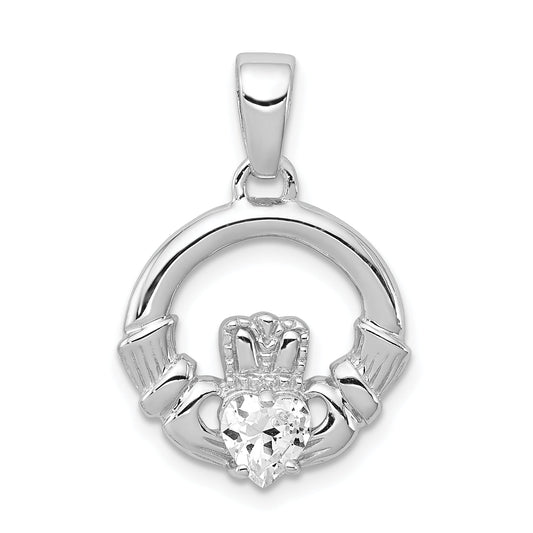Sterling Silver Rhodium Plated Cz Claddagh Pendant