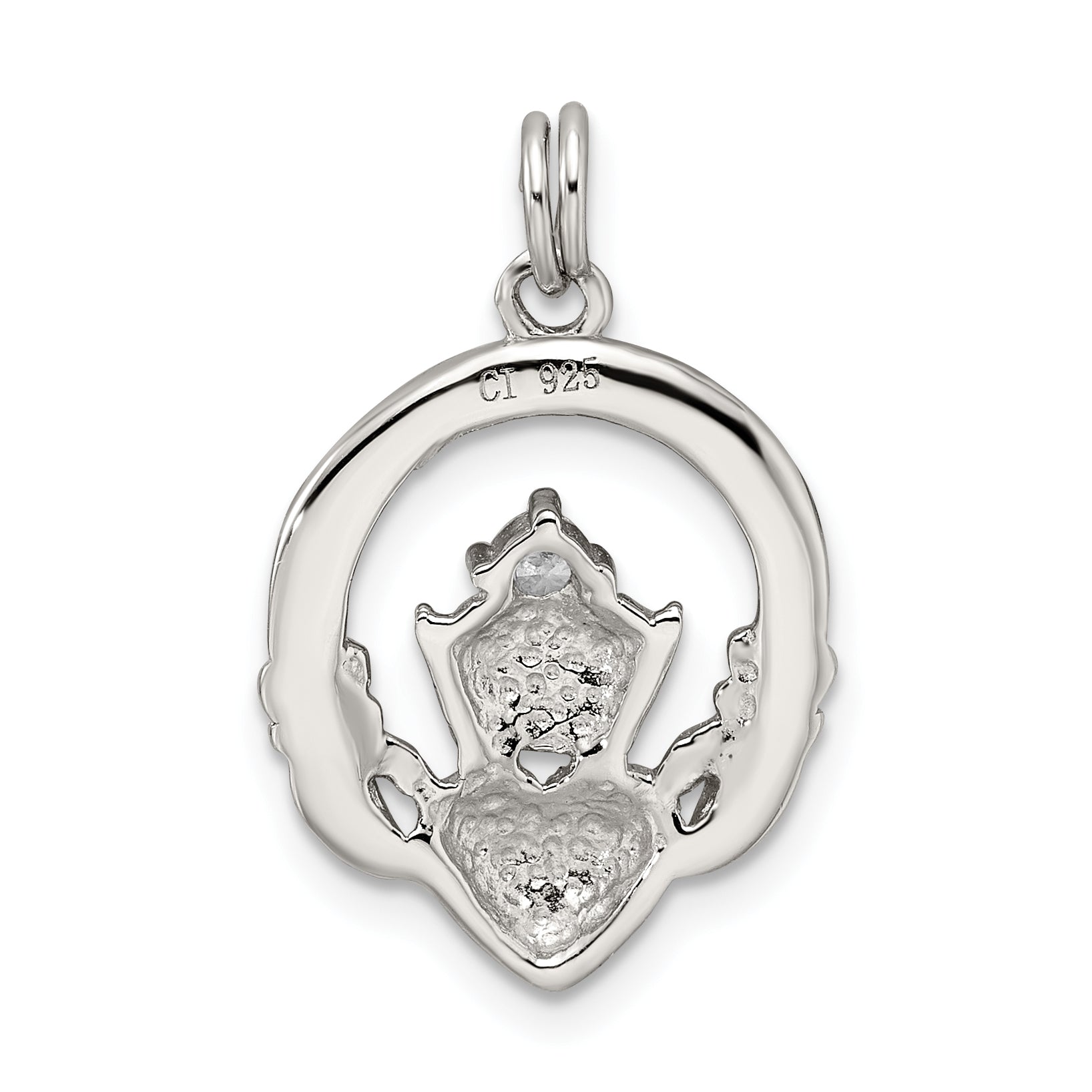 Sterling Silver Rhodium-Plated Cz Irish Claddagh Pendant