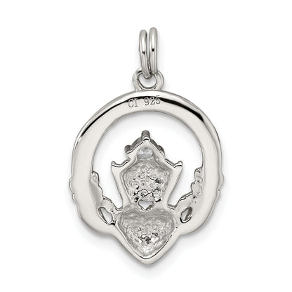 Sterling Silver Rhodium-Plated Cz Irish Claddagh Pendant
