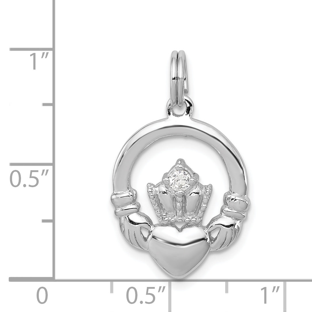 Sterling Silver Rhodium-Plated Cz Irish Claddagh Pendant