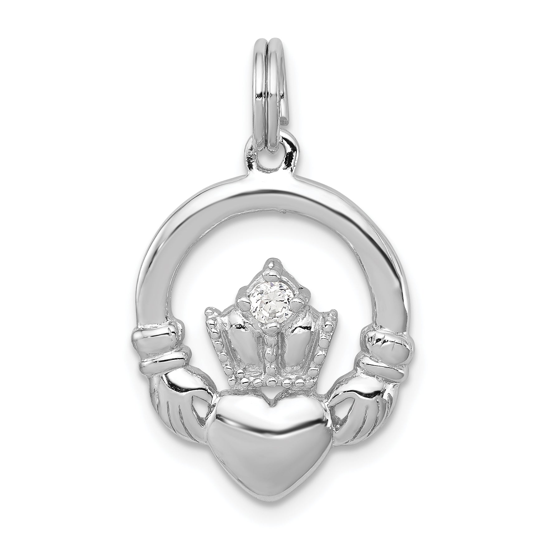 Sterling Silver Rhodium-Plated Cz Irish Claddagh Pendant