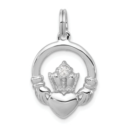 Sterling Silver Rhodium-Plated Cz Irish Claddagh Pendant