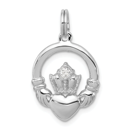Sterling Silver Rhodium-Plated Cz Irish Claddagh Pendant