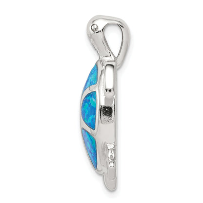 Sterling Silver Rhodium-Plated Blue Inlay Created Opal Turtle Pendant