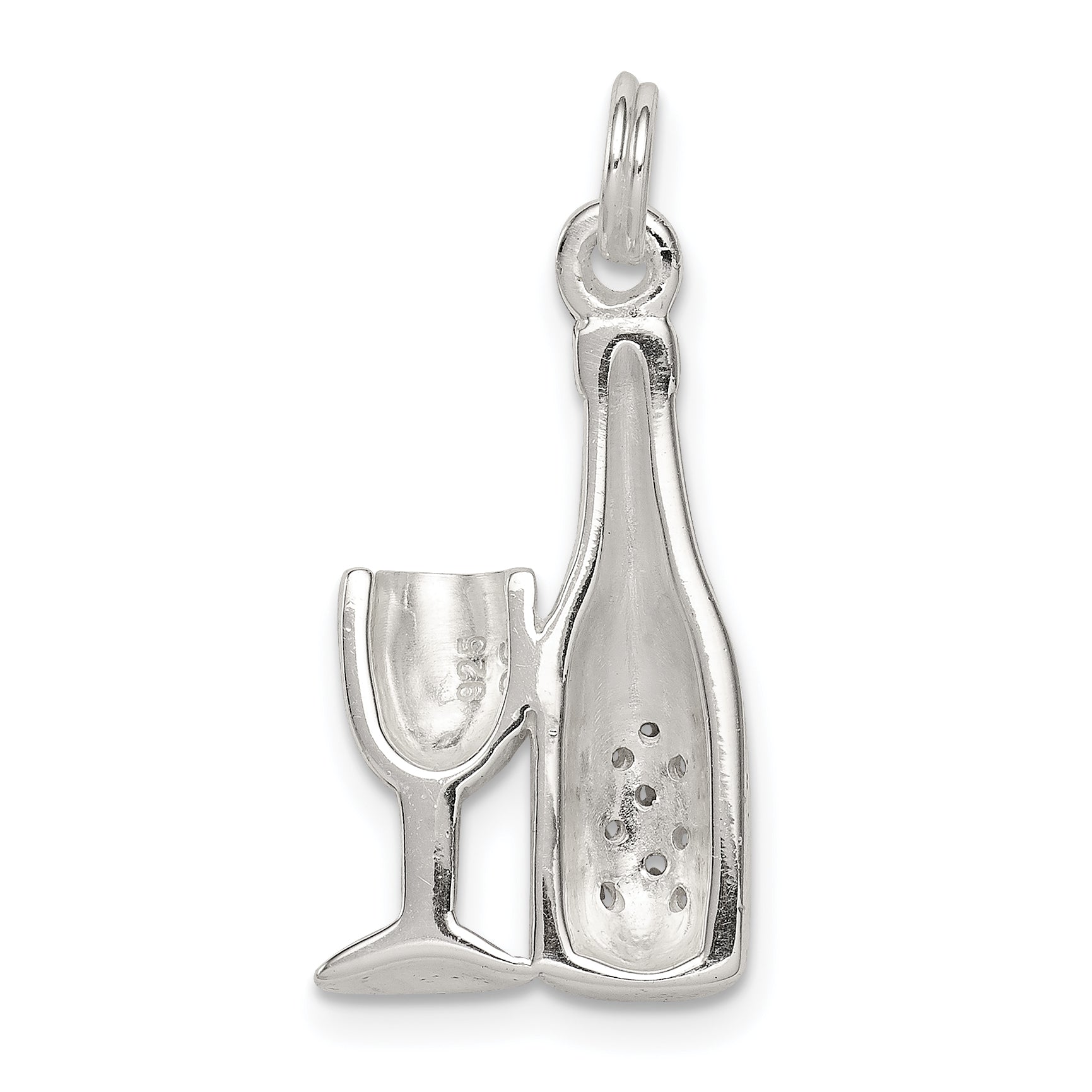Sterling Silver Cz Wine/Champagne Bottle/Glass Charm Pendant