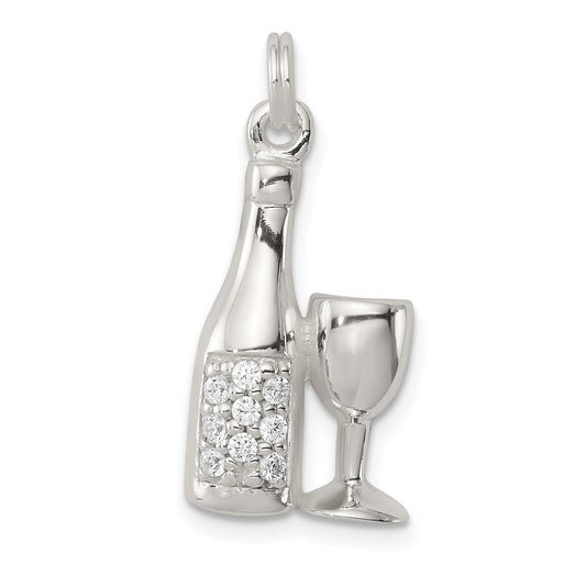 Sterling Silver Cz Wine/Champagne Bottle/Glass Charm Pendant