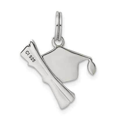 Sterling Silver Rhod-Pltd Black Enamel Graduation Cap/Diploma Charm