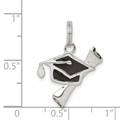 Sterling Silver Rhod-Pltd Black Enamel Graduation Cap/Diploma Charm