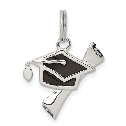 Sterling Silver Rhod-Pltd Black Enamel Graduation Cap/Diploma Charm