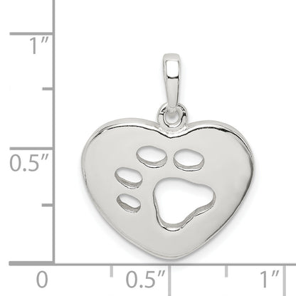 Sterling Silver Polished Heart With Paw Print Pendant