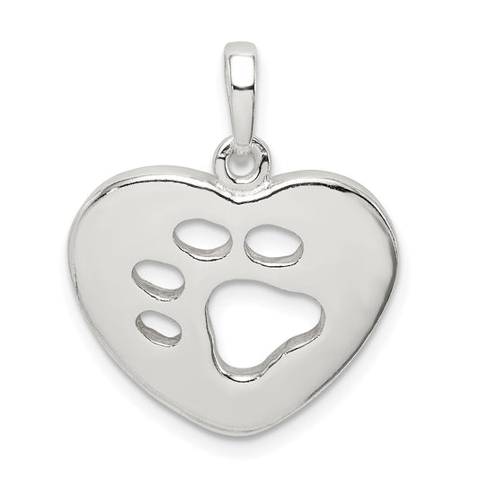 Sterling Silver Polished Heart With Paw Print Pendant