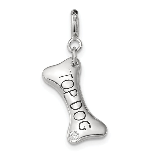 Sterling Silver Rhodium-Plated Cz Dog Bone Top Charm