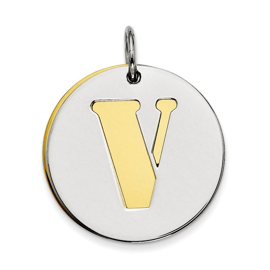 Sterling Silver Gp Initial V Double Plate Round Charm