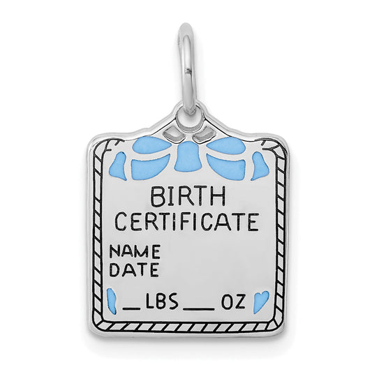 Sterling Silver Rhodium-Plated Blue Birth Certificate Polished Charm