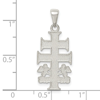 Sterling Silver Polished Caravaca Double Cross W/Angels Crucifix Pendant