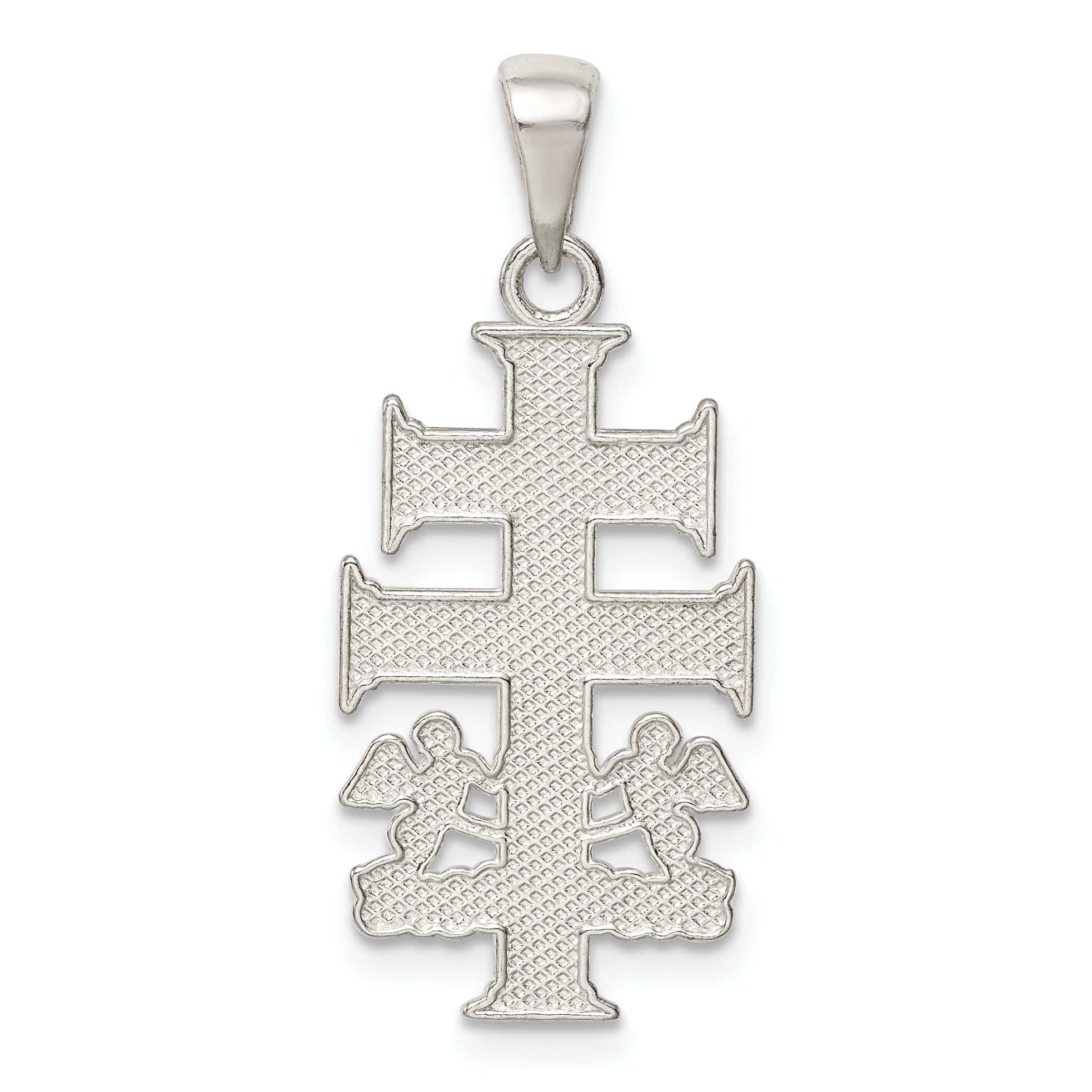 Sterling Silver Polished Caravaca Double Cross W/Angels Crucifix Pendant