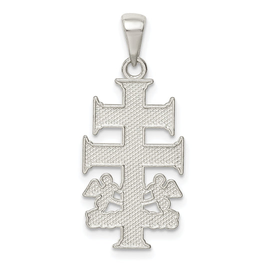 Sterling Silver Polished Caravaca Double Cross W/Angels Crucifix Pendant