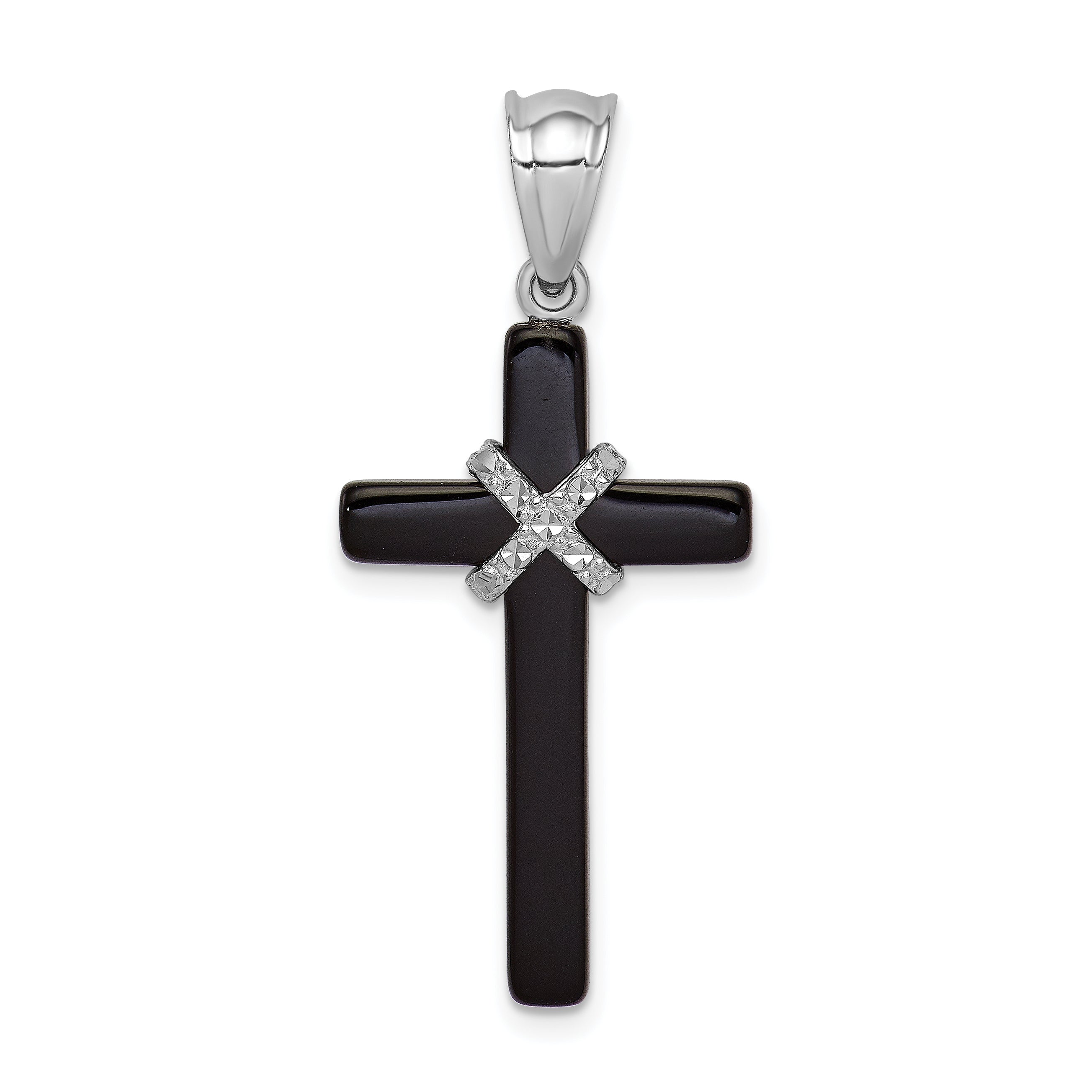 Sterling Silver Rhodium-Plated Onyx Cross Pendant
