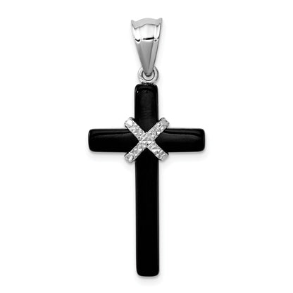 Sterling Silver Rhodium-Plated Onyx Cross Pendant