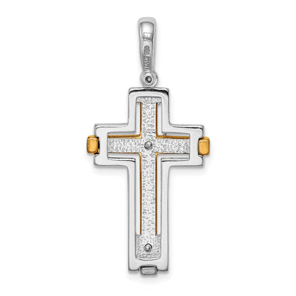 Sterling Silver Rhodium-Plated & Gold-Tone Brshd/Polished Cross Pendant