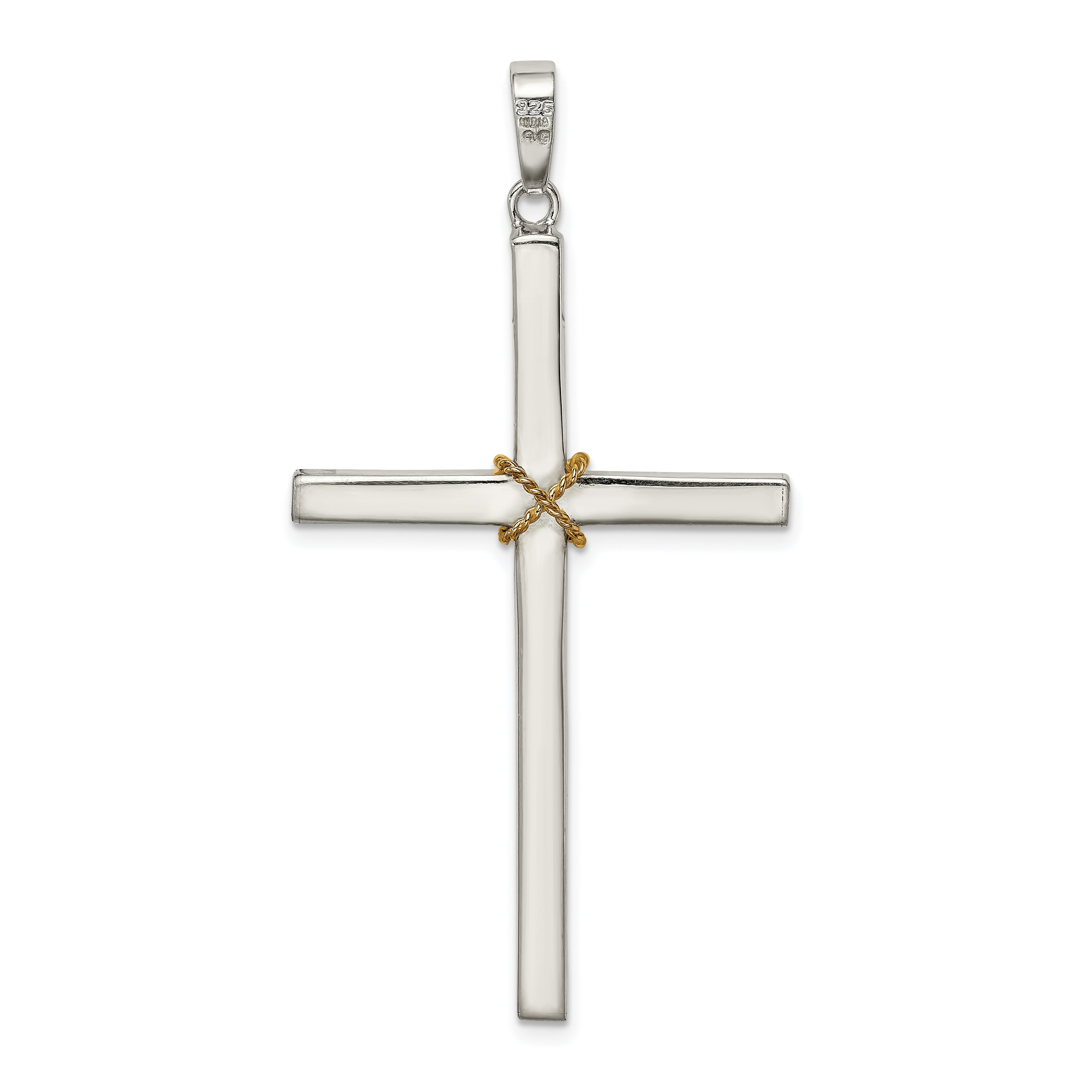 Sterling Silver Polished W/Gold-Plated Rope Hollow Crucifix Pendant