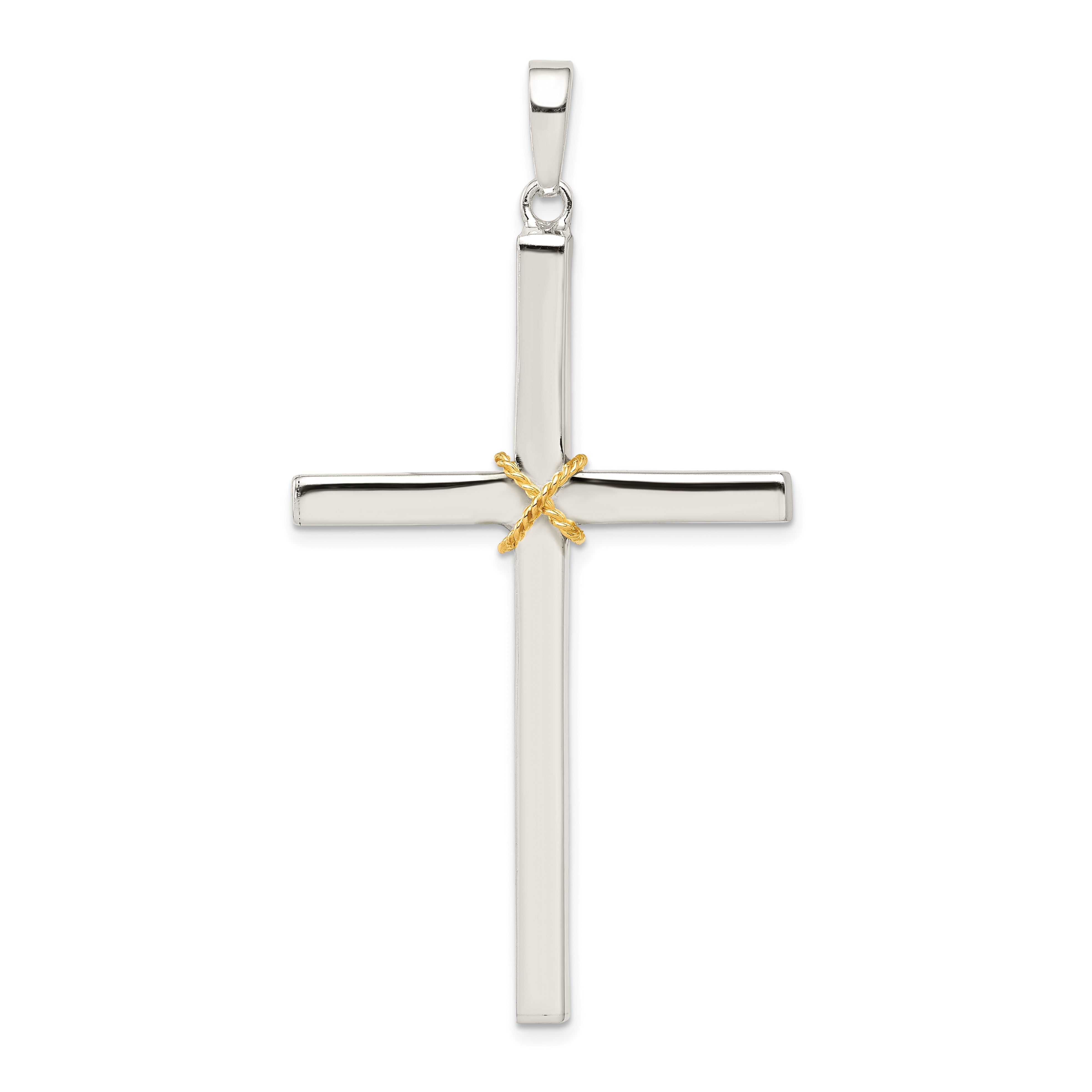 Sterling Silver Polished W/Gold-Plated Rope Hollow Crucifix Pendant