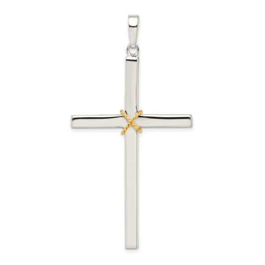 Sterling Silver Polished W/Gold-Plated Rope Hollow Crucifix Pendant