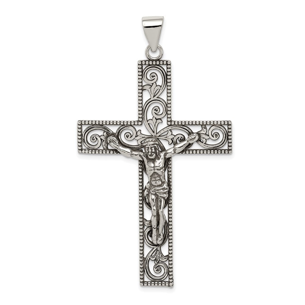 Sterling Silver Antiqued Beaded Filigree Crucifix Pendant