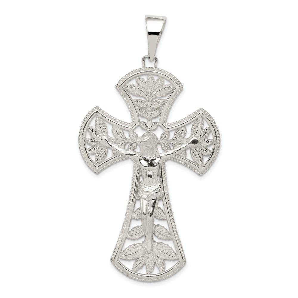 Sterling Silver Polished Leaf Large Inri Crucifix Pendant