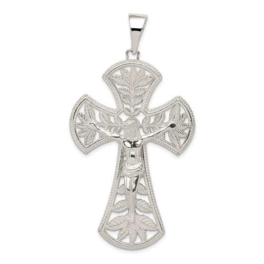 Sterling Silver Polished Leaf Large Inri Crucifix Pendant