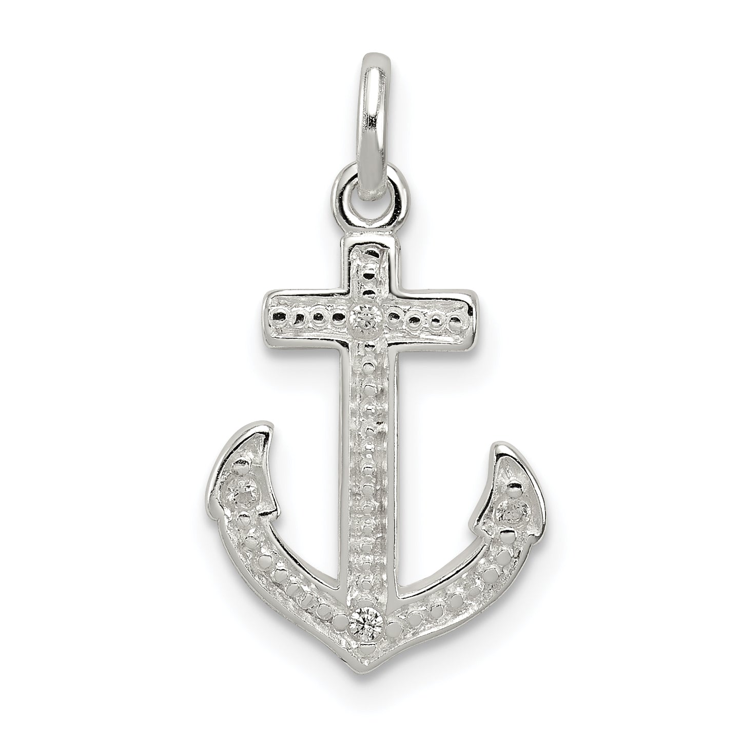 Sterling Silver Polished Cz Anchor Pendant