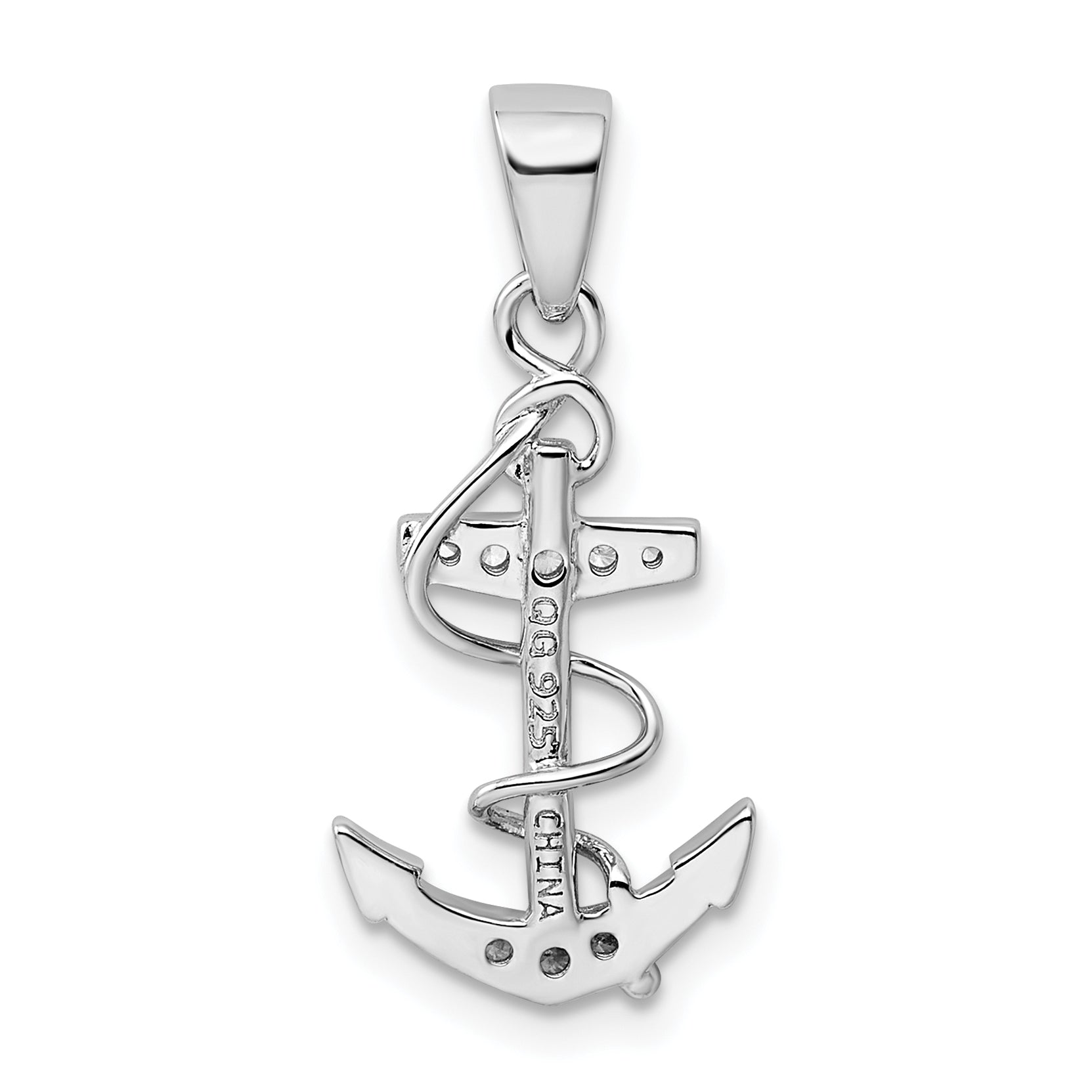 Sterling Silver Rhodium-Plated Cz Anchor Pendant