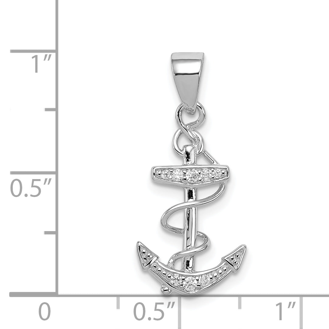 Sterling Silver Rhodium-Plated Cz Anchor Pendant