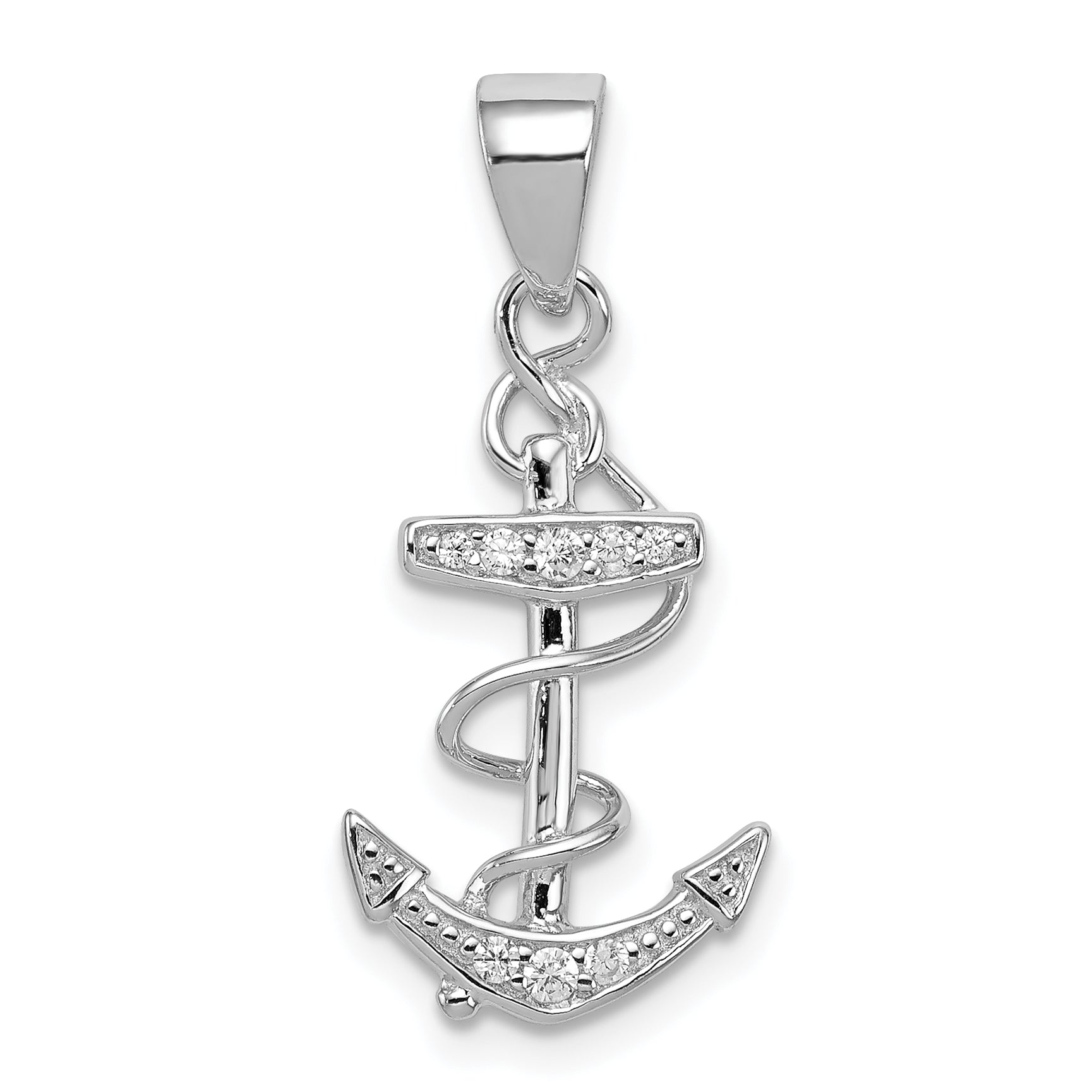 Sterling Silver Rhodium-Plated Cz Anchor Pendant