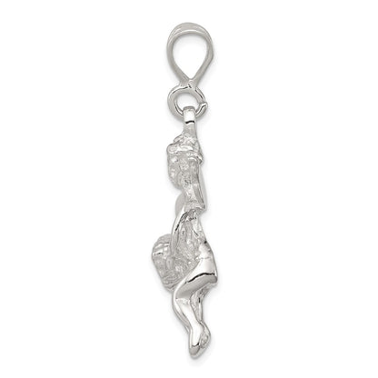 Sterling Silver Polished & Textured Flying Angel W/Heart Pendant