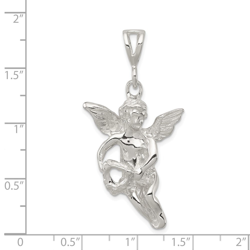 Sterling Silver Polished & Textured Flying Angel W/Heart Pendant