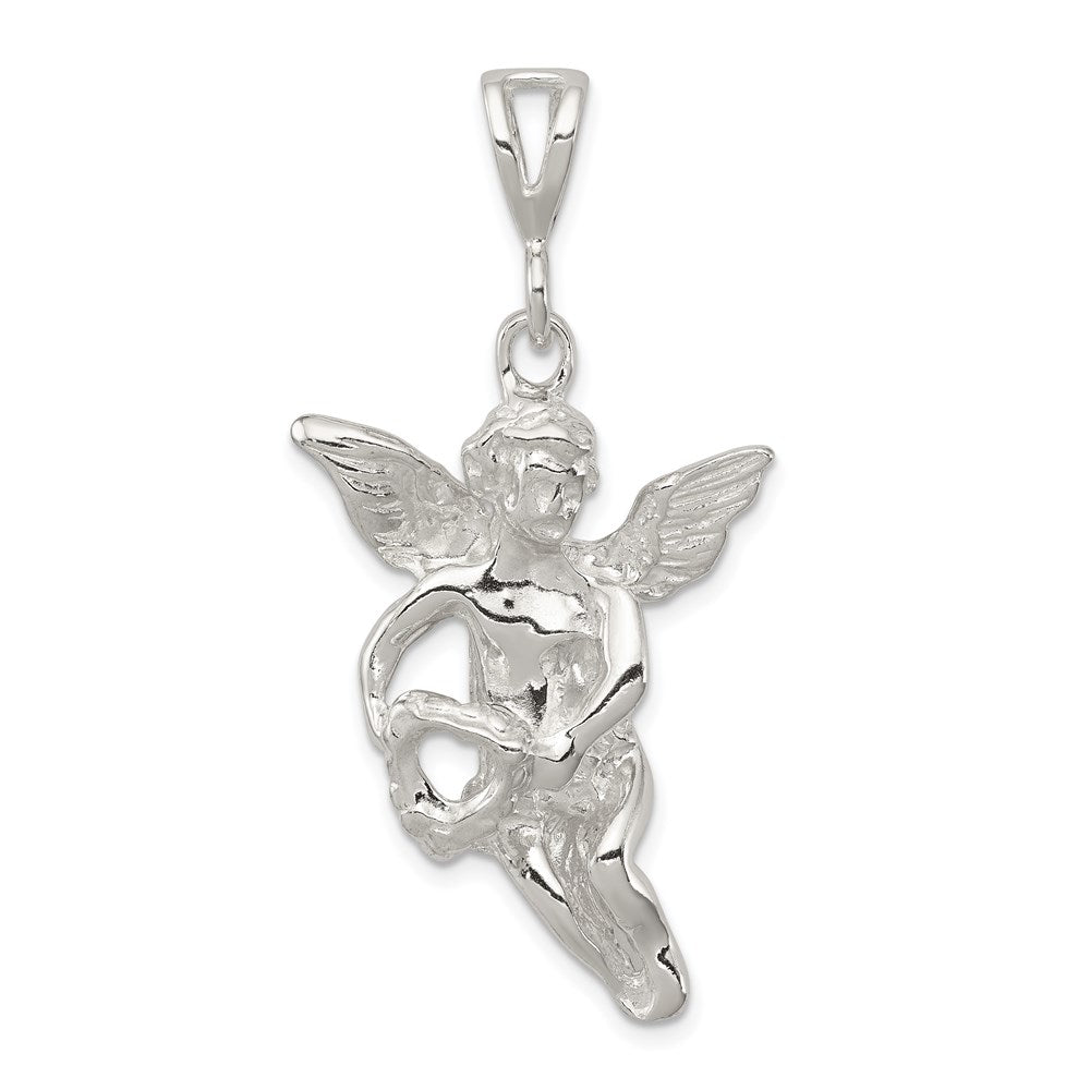 Sterling Silver Polished & Textured Flying Angel W/Heart Pendant