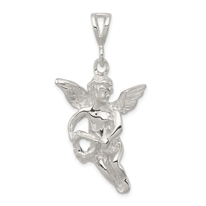 Sterling Silver Polished & Textured Flying Angel W/Heart Pendant