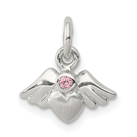 Sterling Silver Rhod-Pltd Polished/Satin Heart W/Wings Pink Cz Pendant