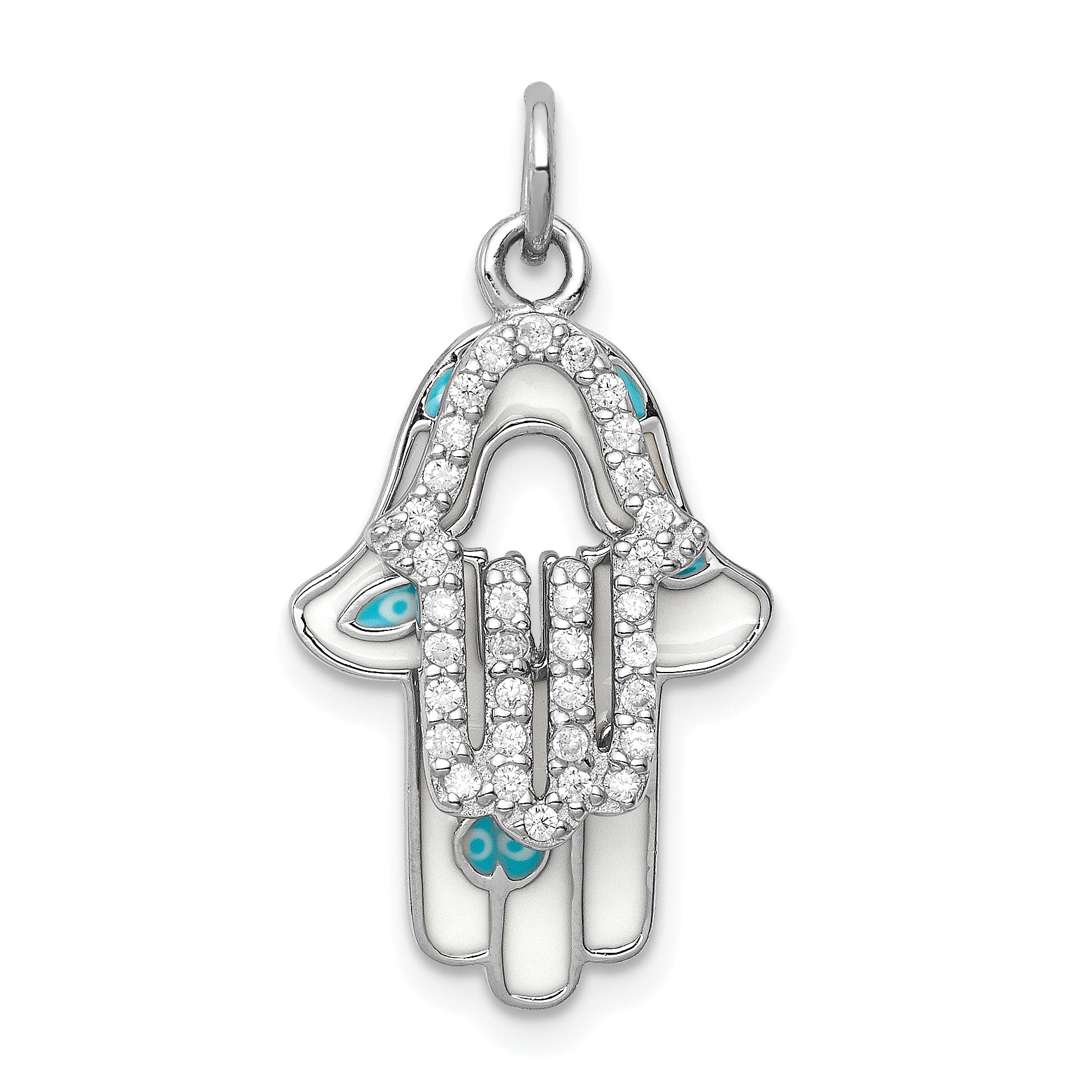 Sterling Silver Rhodium-Plated Enamel Hamsa W/Cz Pendant