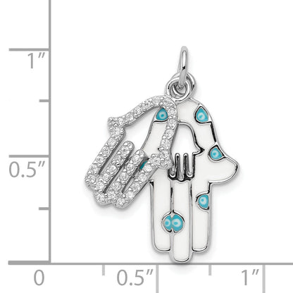 Sterling Silver Rhodium-Plated Enamel Hamsa W/Cz Pendant