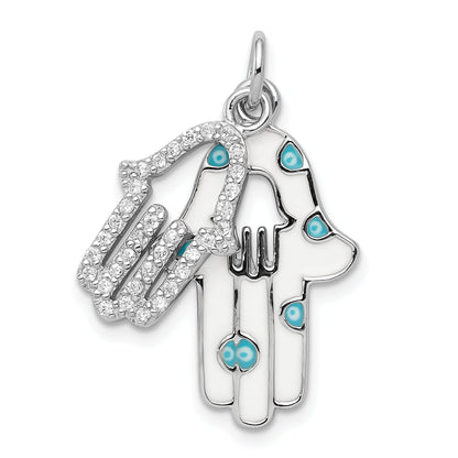 Sterling Silver Rhodium-Plated Enamel Hamsa W/Cz Pendant
