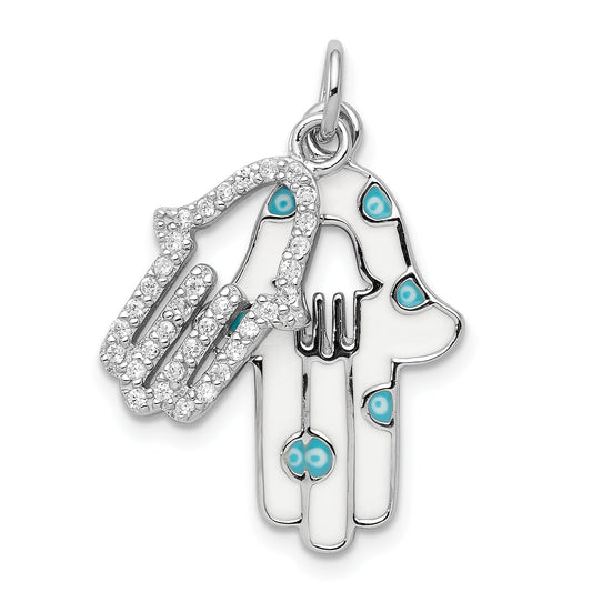 Sterling Silver Rhodium-Plated Enamel Hamsa W/Cz Pendant