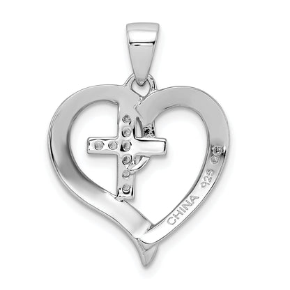 Sterling Silver Rhodium-Plated Polished Heart With Cz Cross Pendant