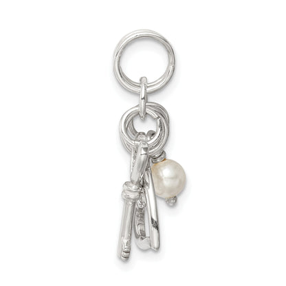 Sterling Silver Polished Key And Heart W/Simulated Pearl Charm