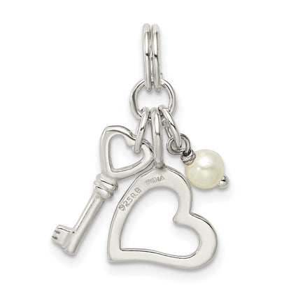 Sterling Silver Polished Key And Heart W/Simulated Pearl Charm