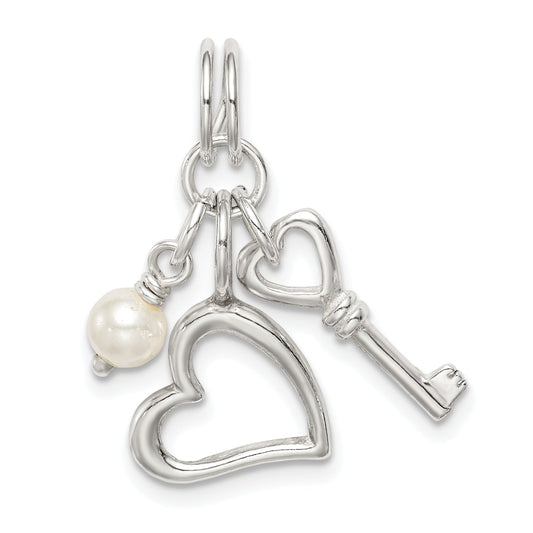Sterling Silver Polished Key And Heart W/Simulated Pearl Charm