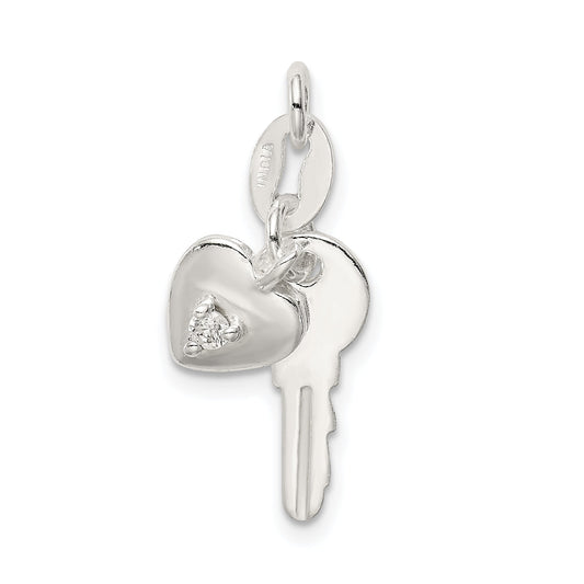 Sterling Silver Polished Cz Heart And Key Charm